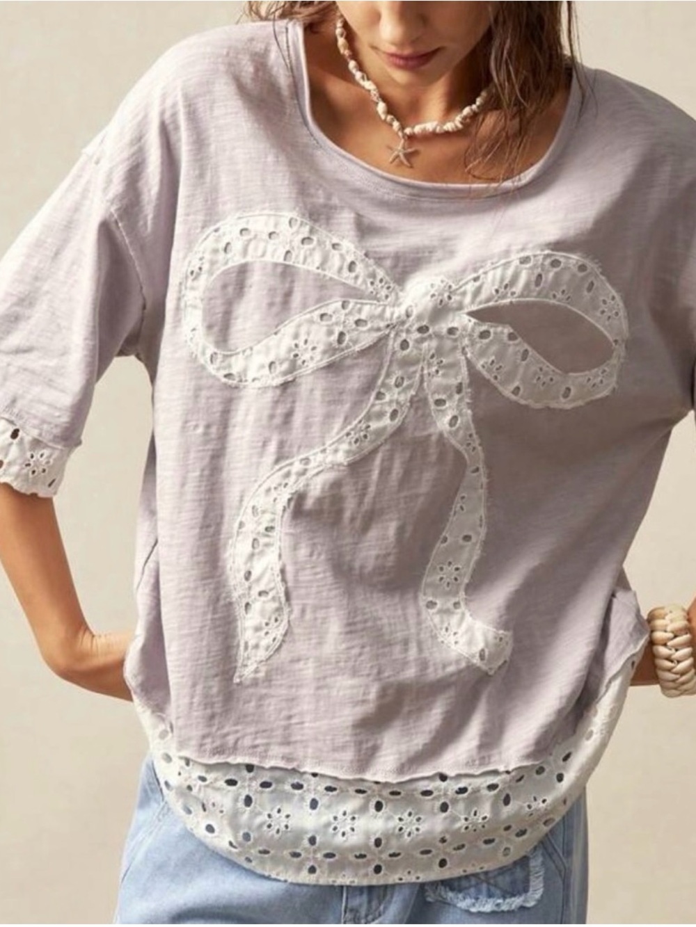 Women's Light Gray/ Lavender Eyelet Bow Top - Unbranded